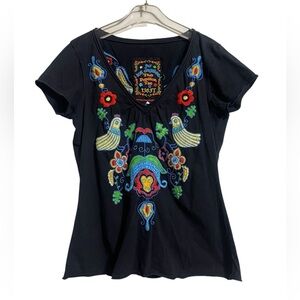 JOHNNY WAS JWLA Black Embroidered The Papillon Butterfly Tee